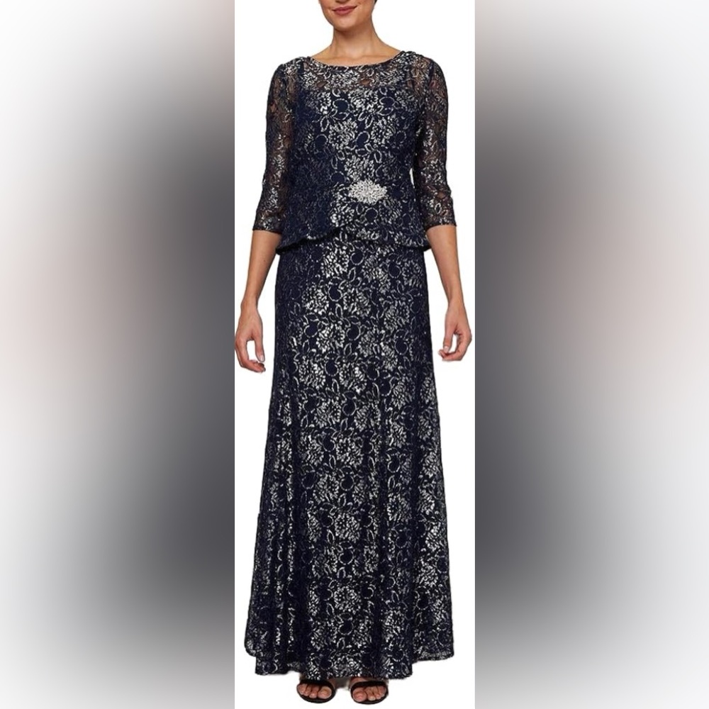 Le Bos Women's Plus Size Ball Gown, Navy/Silver, 16W
